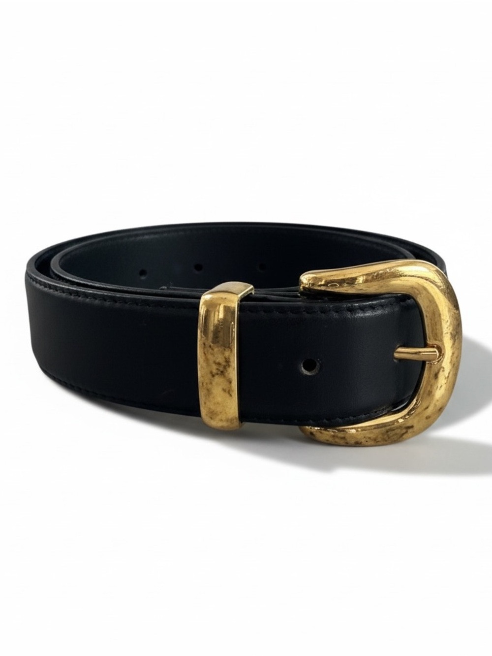 Vintage St. John Black Leather Belt Brass Buckle Size 10 Style 11501